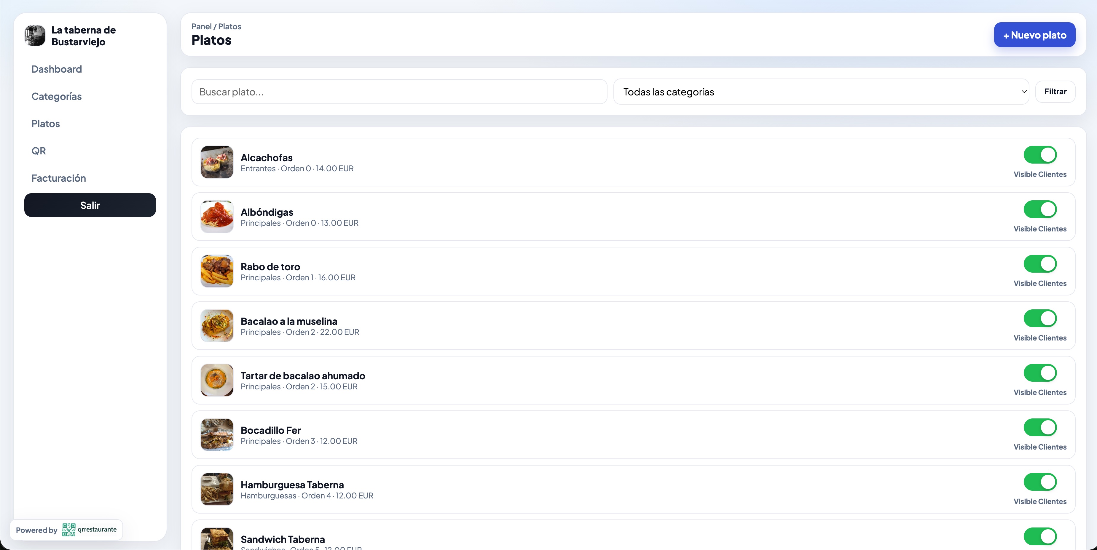 Restaurante con carta digital